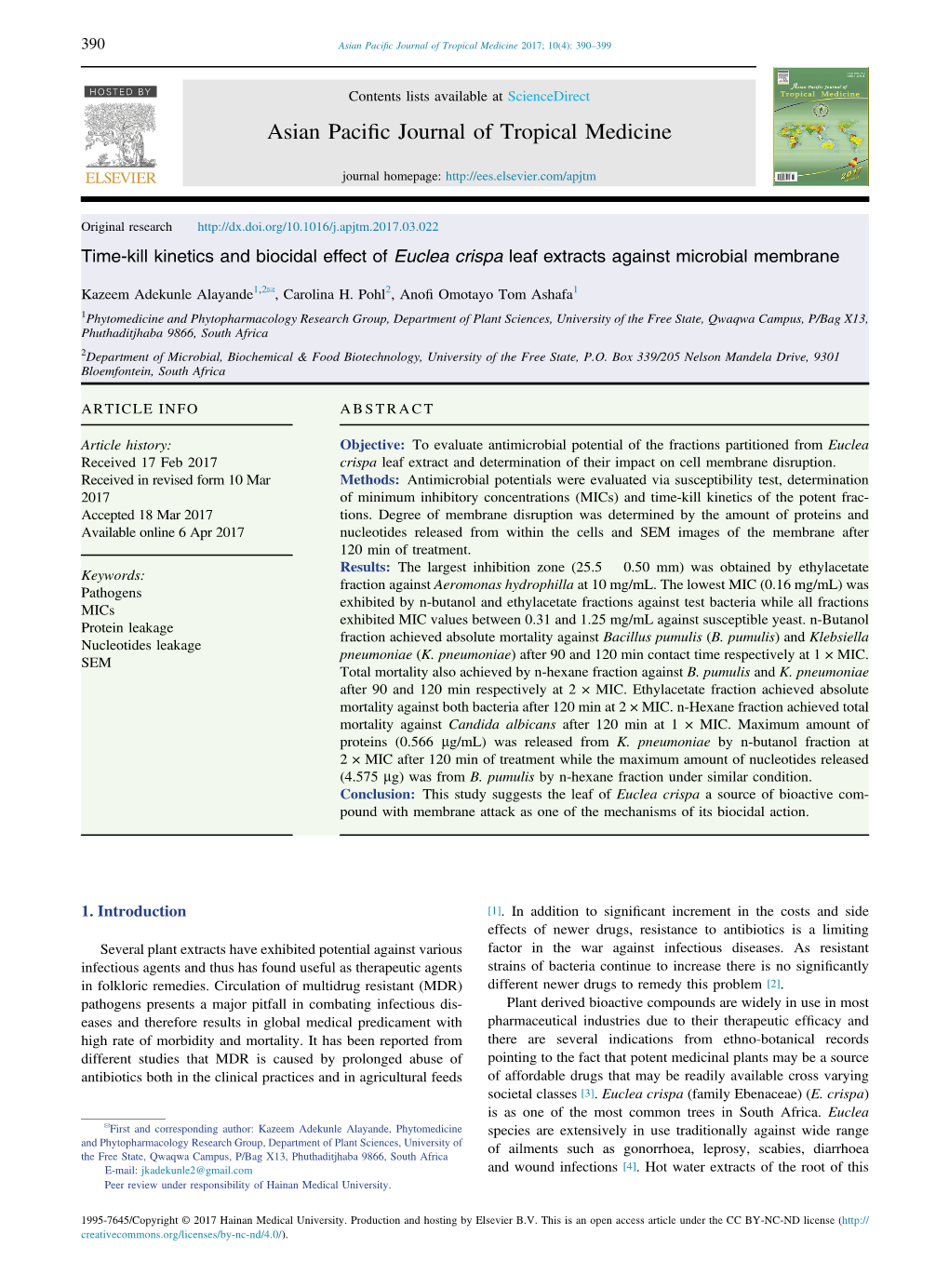 Time-Kill Kinetics and Biocidal Effect of Euclea Crispa Leaf Extracts Against Microbial Membrane