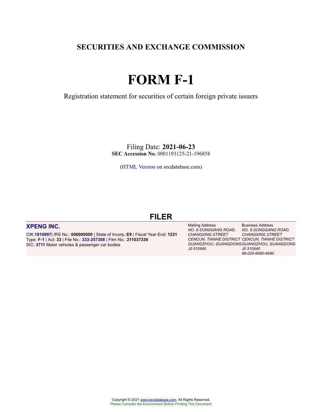 XPENG INC. Form F-1 Filed 2021-06-23