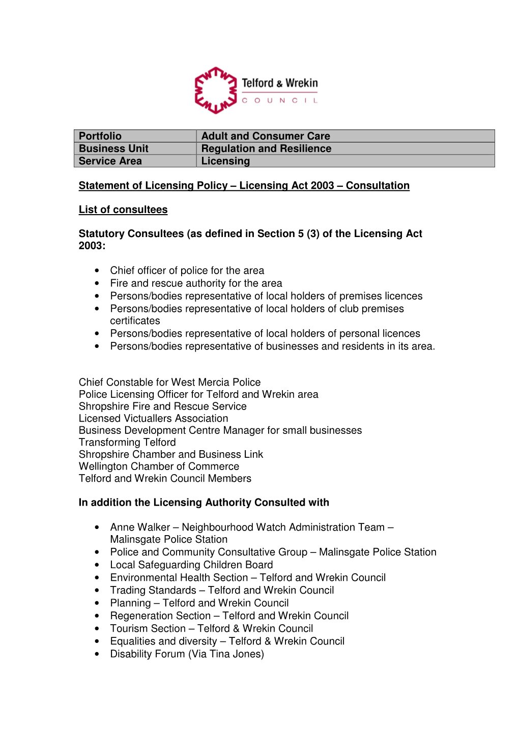 Portfolio Adult and Consumer Care Business Unit Regulation and Resilience Service Area Licensing