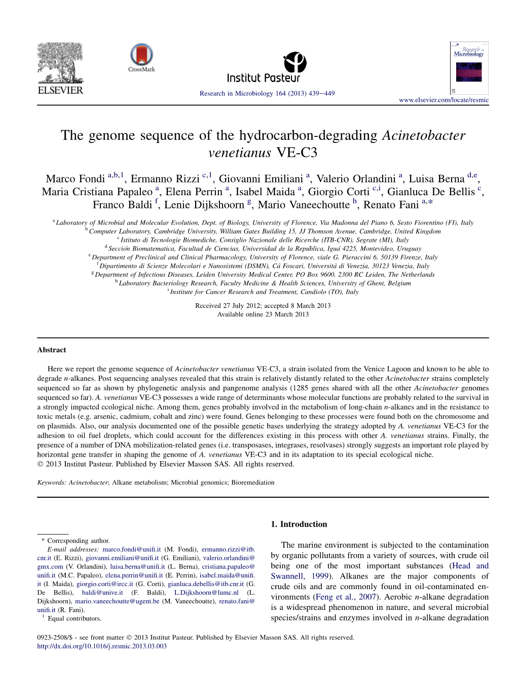 The Genome Sequence of the Hydrocarbon-Degrading Acinetobacter Venetianus VE-C3