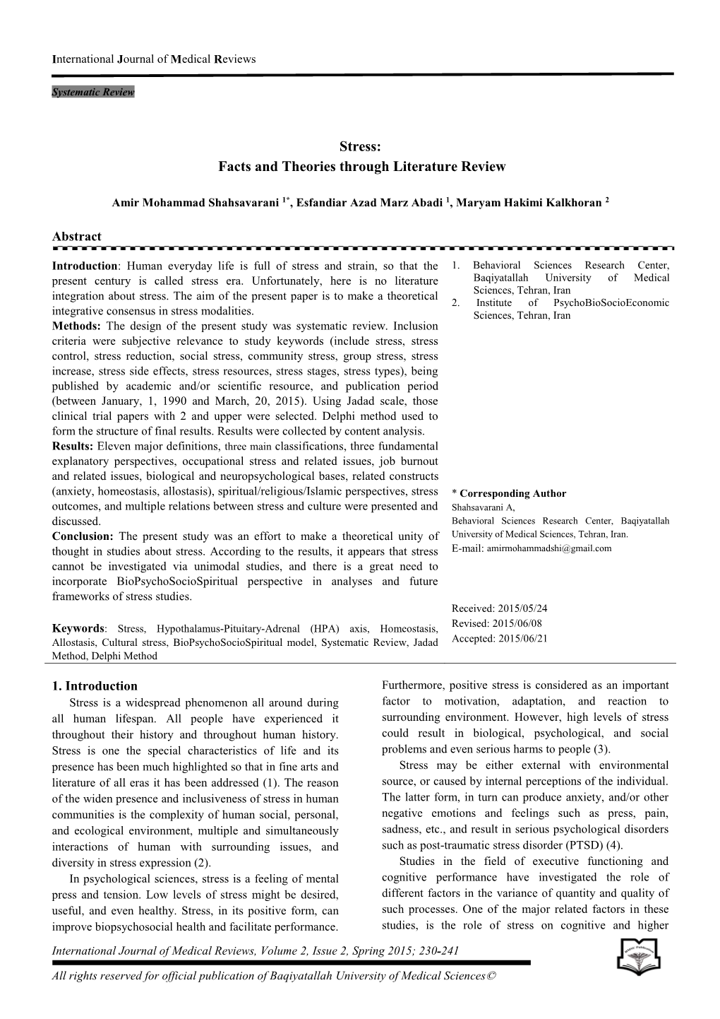 Stress: Facts and Theories Through Literature Review