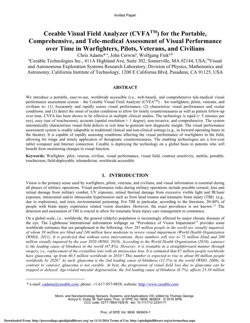 Ceeable Visual Field Analyzer (CVFA) for the Portable, Comprehensive, and Tele-Medical Assessment of Visual Performance Over