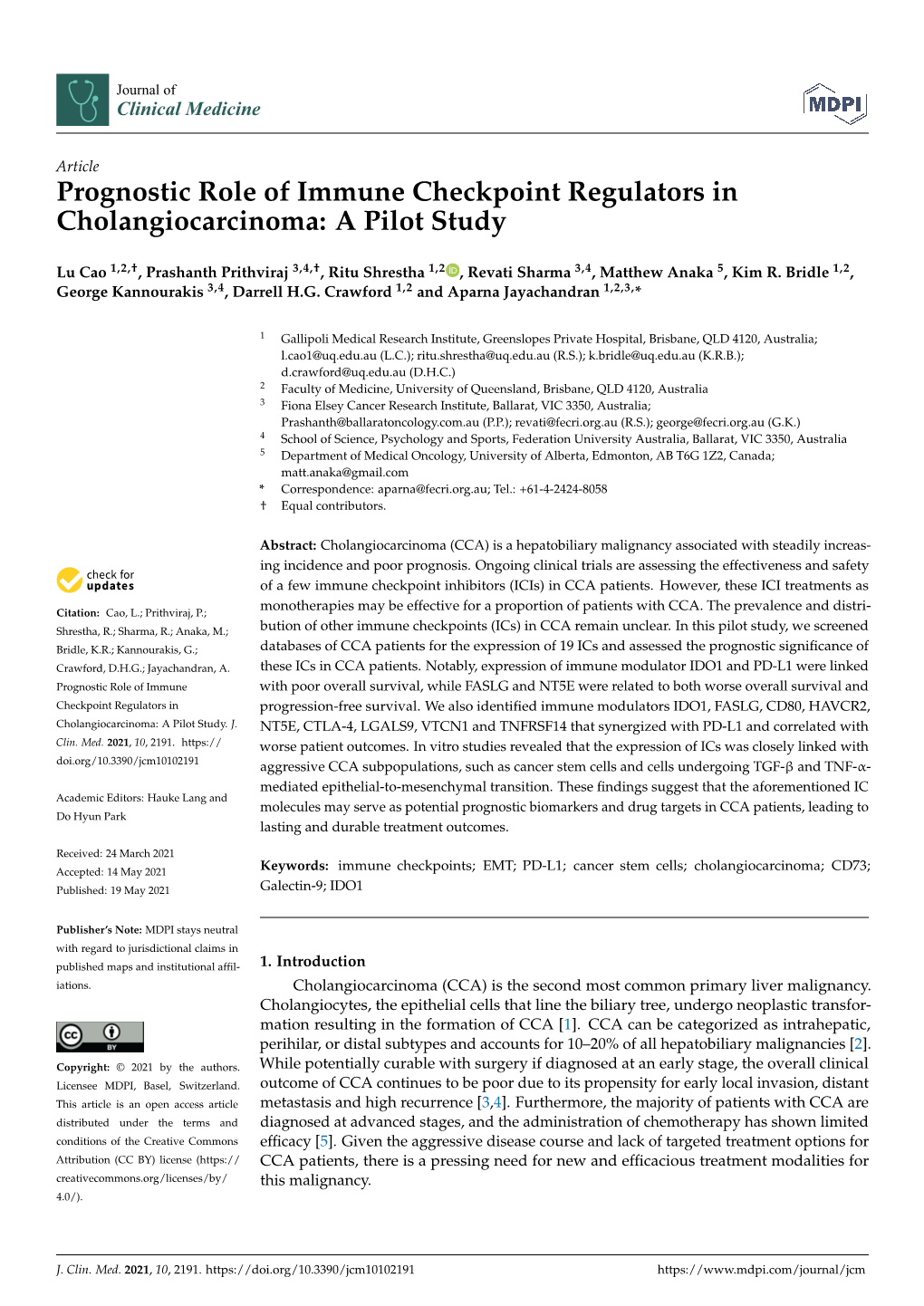 Prognostic Role of Immune Checkpoint Regulators in Cholangiocarcinoma: a Pilot Study