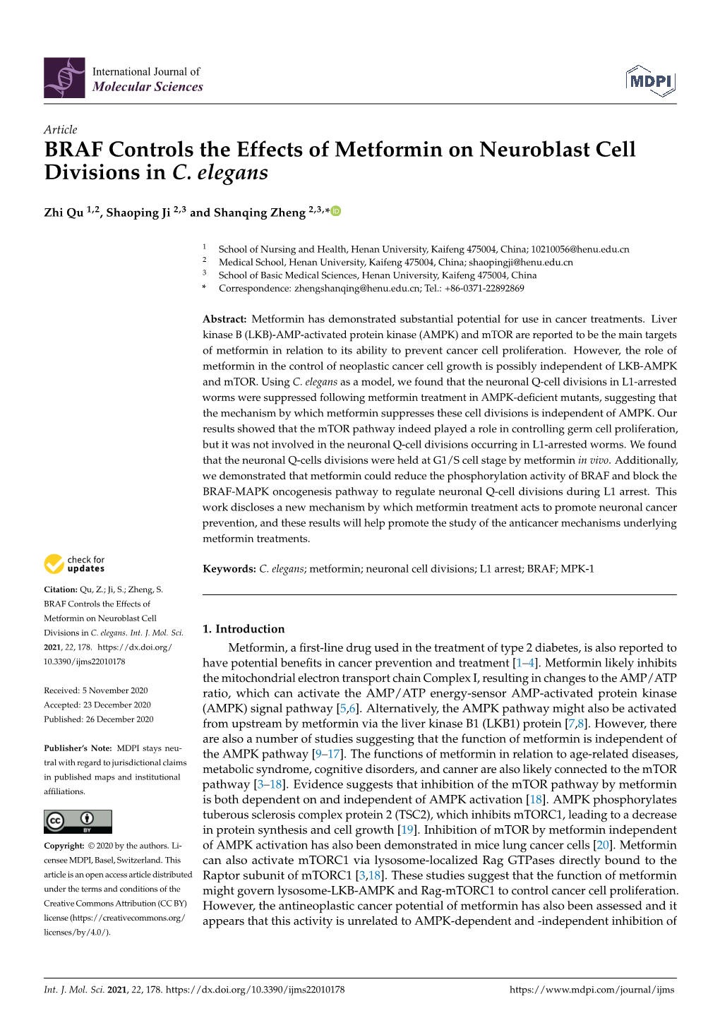 BRAF Controls the Effects of Metformin on Neuroblast Cell Divisions in C. Elegans