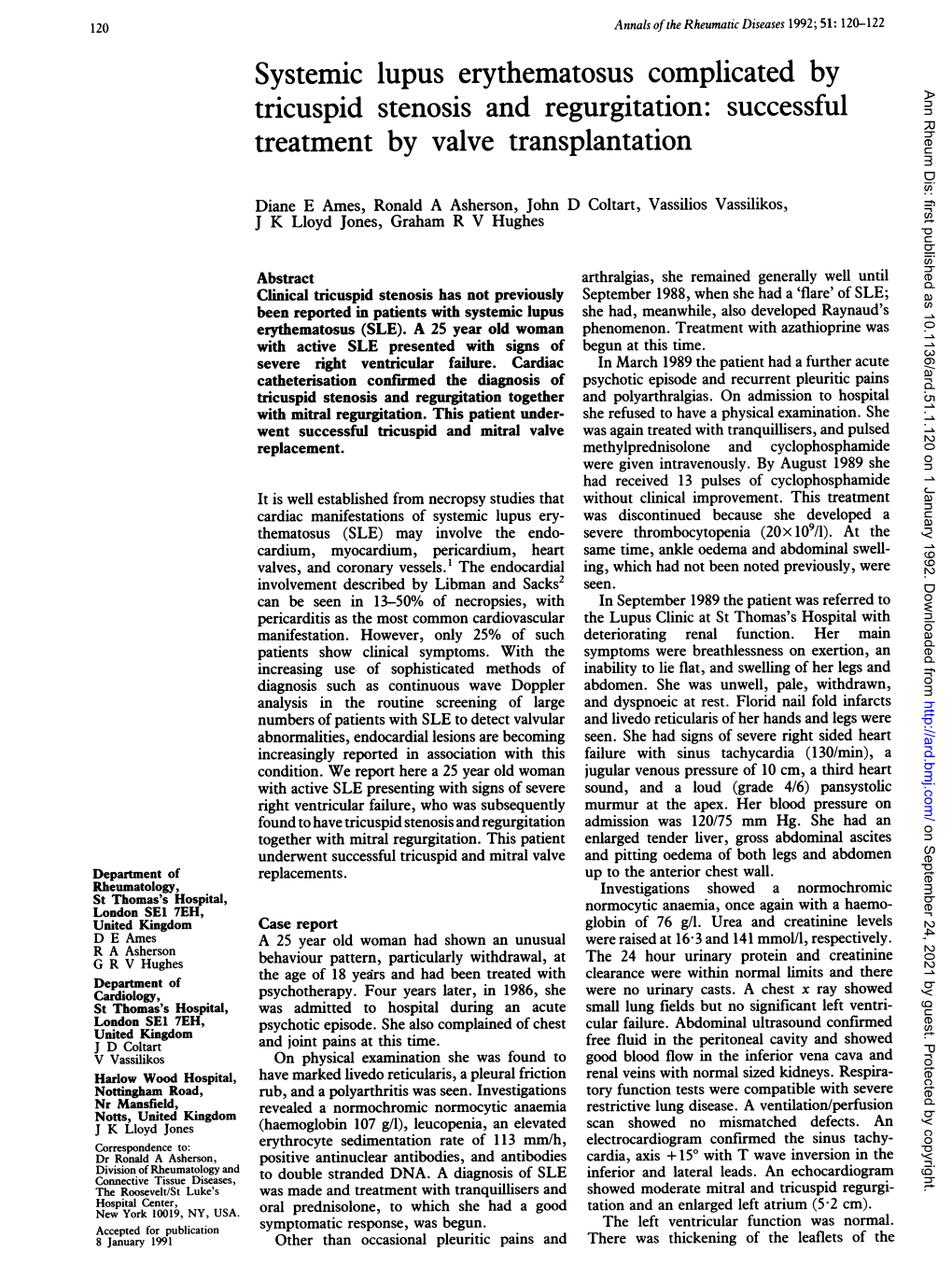 Tricuspid Stenosis and Regurgitation: Successful Treatment by Valve Transplantation