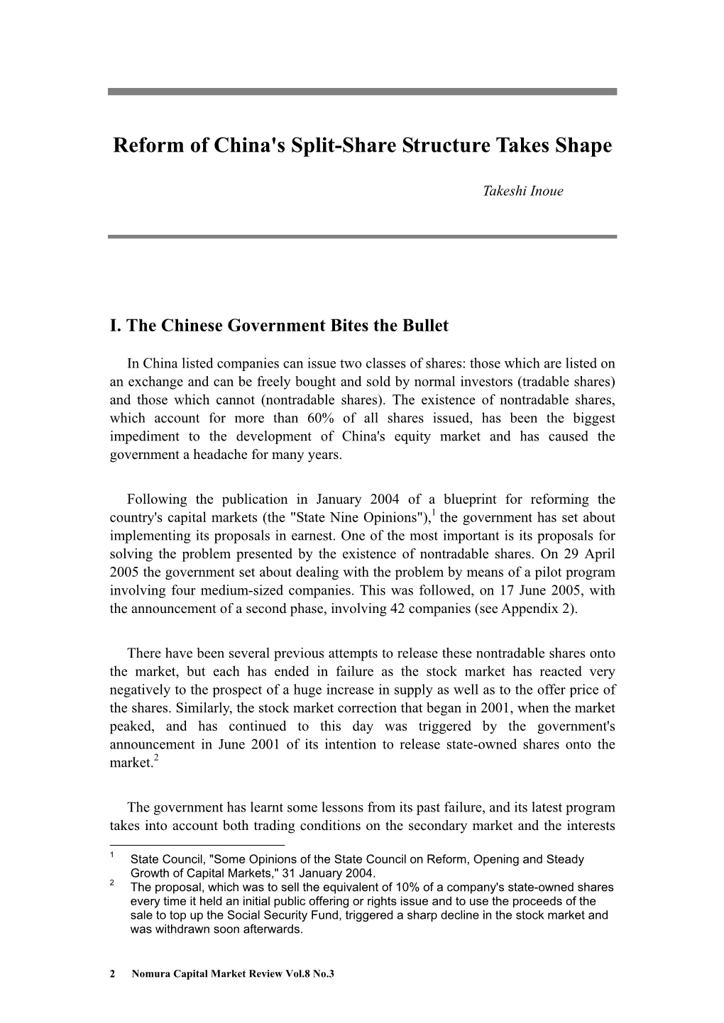 Nomura Institute of Capital Markets Reseach | Reform of China's Split