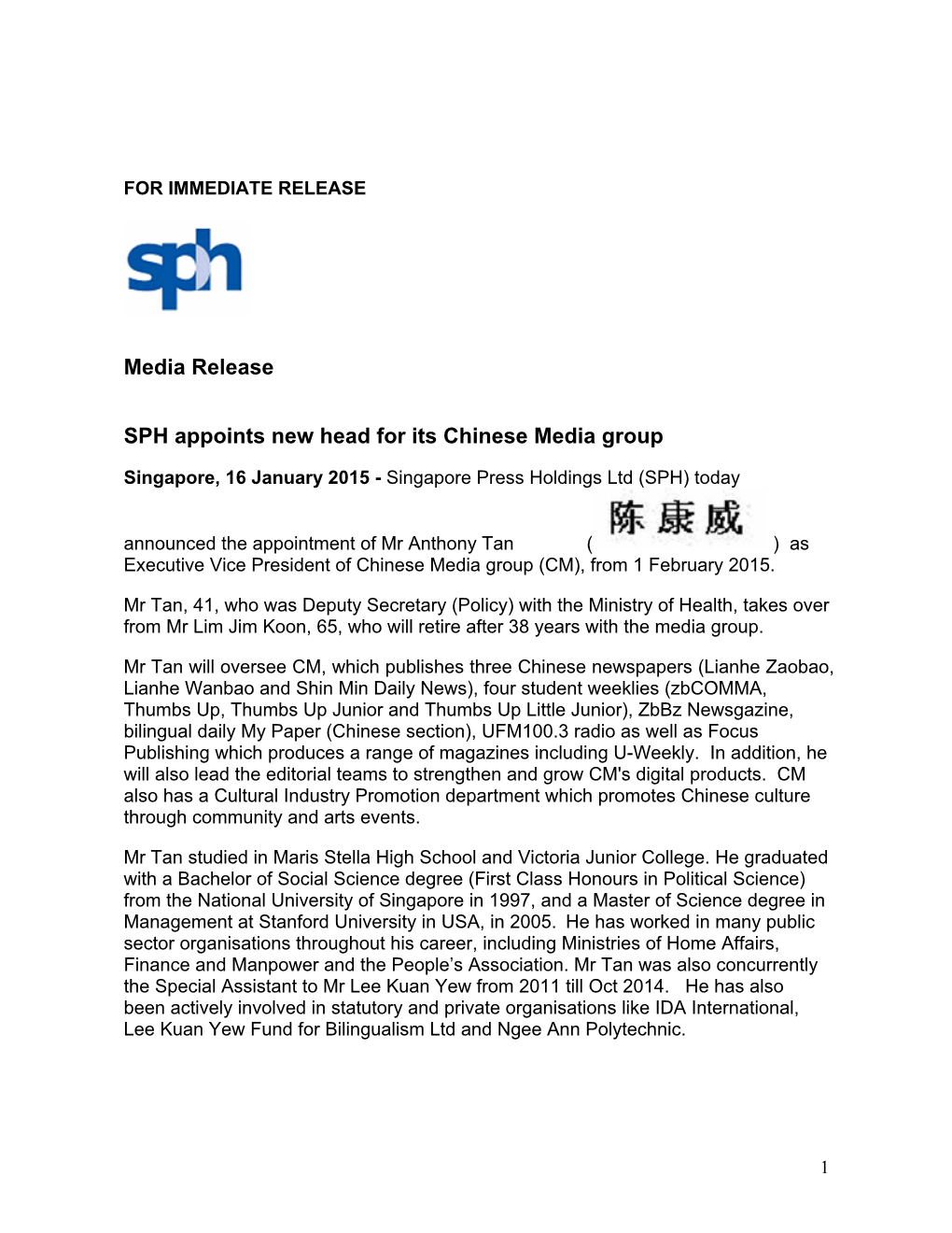 Media Release SPH Appoints New Head for Its Chinese Media Group