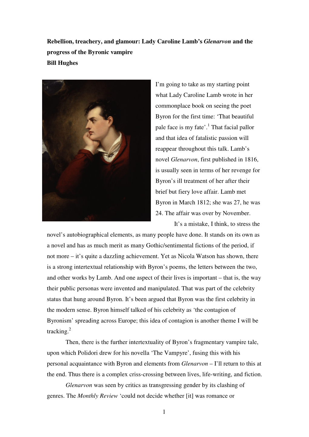 Lady Caroline Lamb's Glenarvon and the Progress of the Byronic Vampire