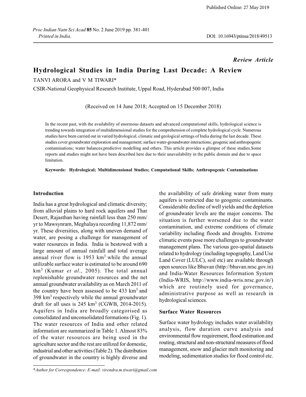 Hydrological Studies in India During Last Decade: a Review