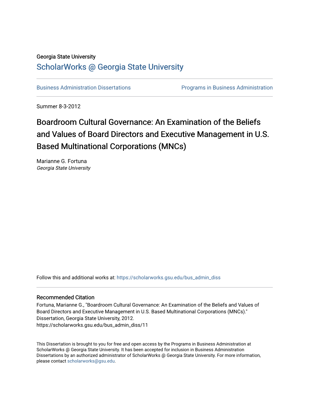 Boardroom Cultural Governance: an Examination of the Beliefs and Values of Board Directors and Executive Management in U.S