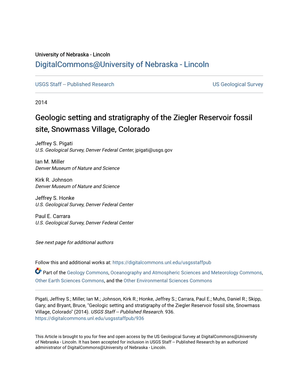 Geologic Setting and Stratigraphy of the Ziegler Reservoir Fossil Site, Snowmass Village, Colorado