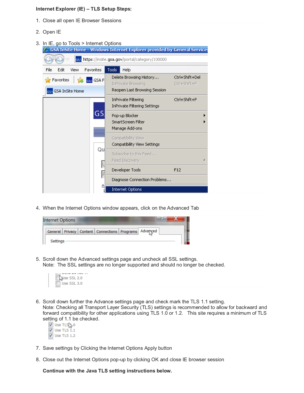 Internet Explorer (IE) – TLS Setup Steps