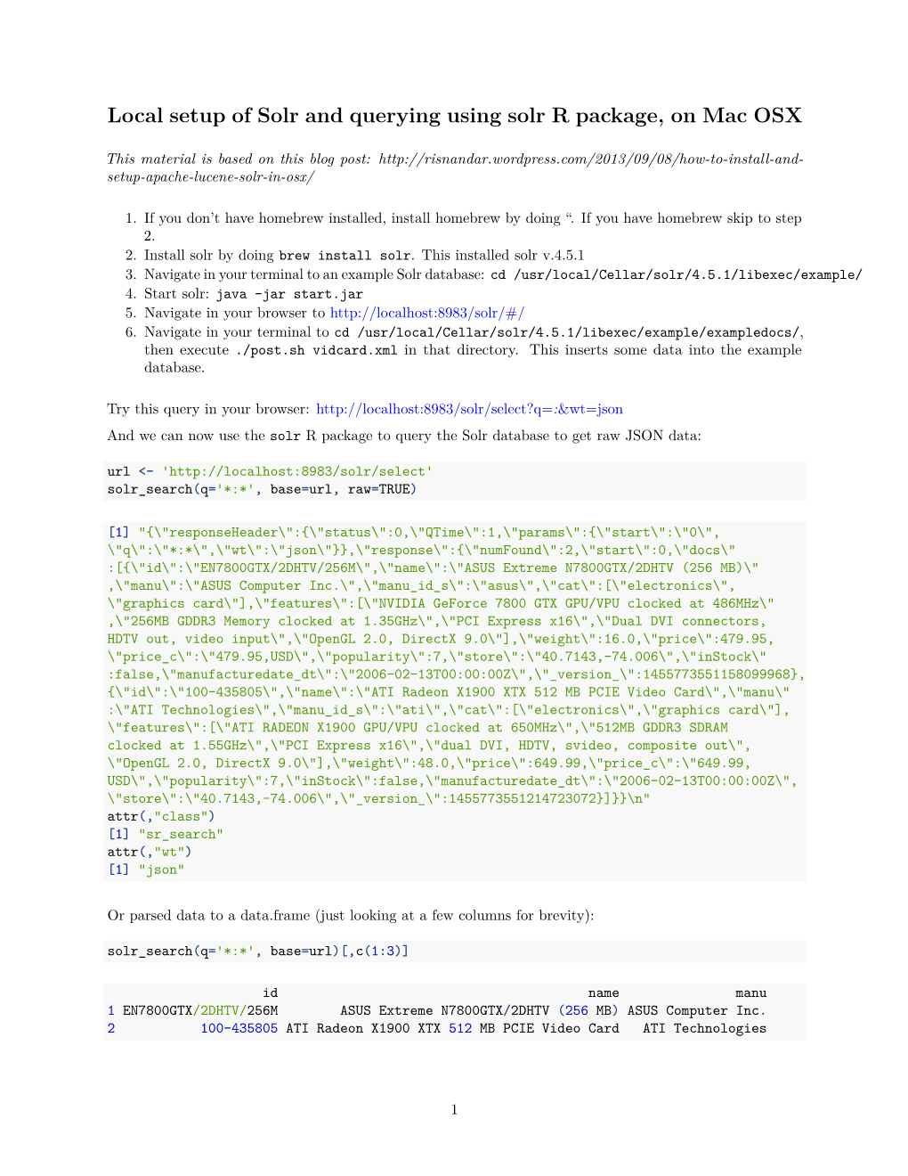 Local Setup of Solr and Querying Using Solr R Package, on Mac OSX