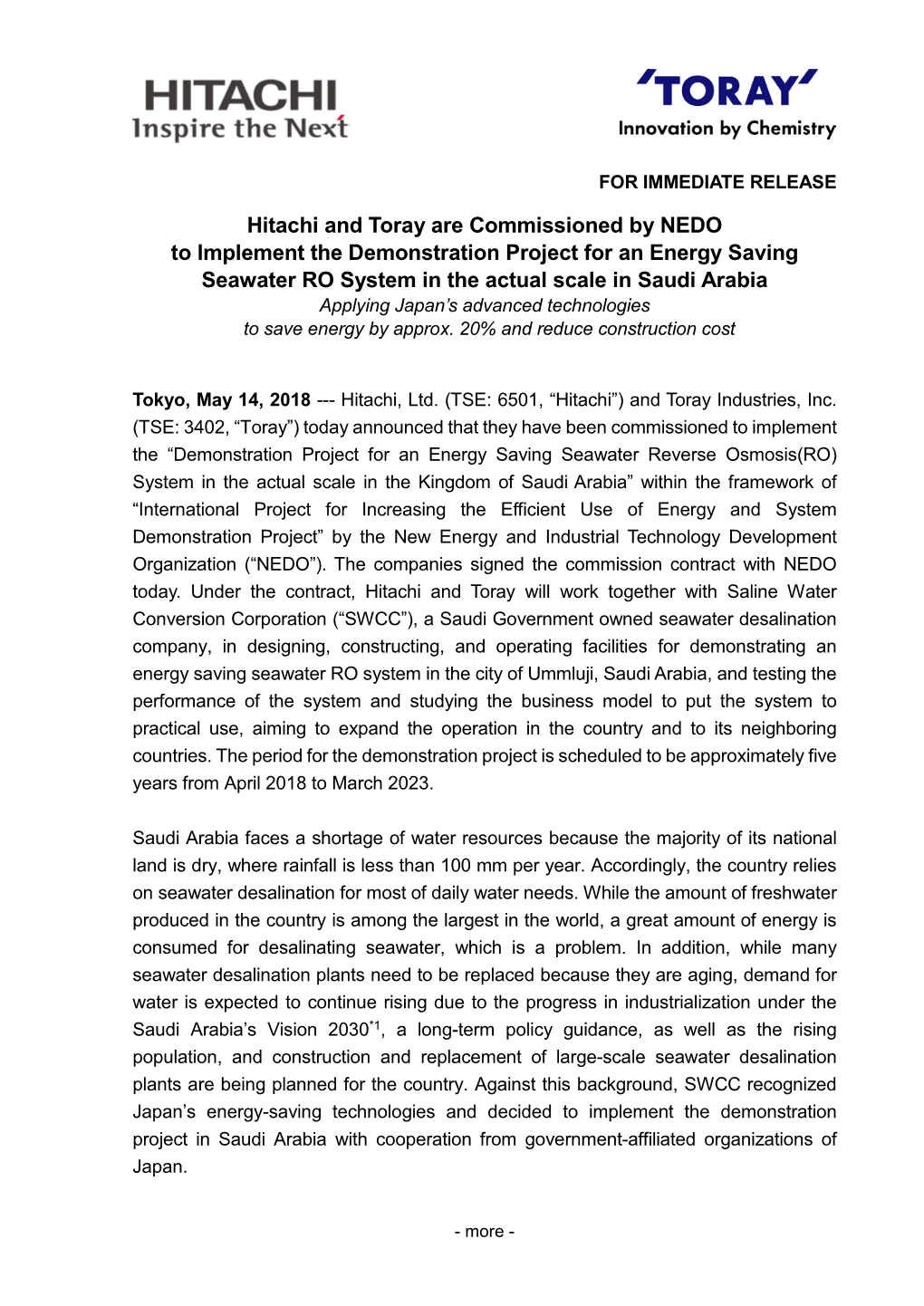 Hitachi and Toray Are Commissioned by NEDO to Implement the Demonstration Project for an Energy Saving Seawater RO System In