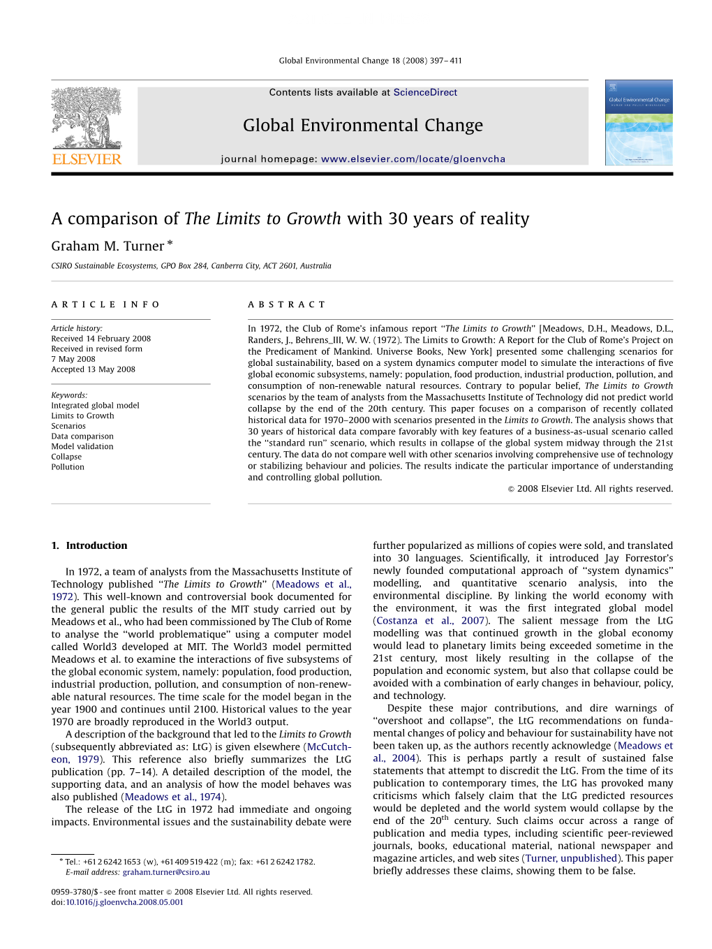 A Comparison of the Limits to Growth with 30 Years of Reality ARTICLE in PRESS Global Environmental Change