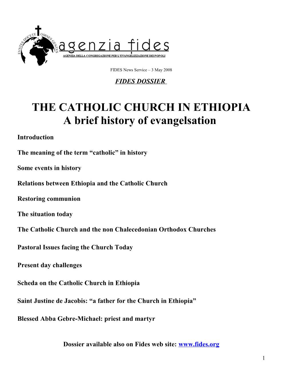 Dossier the CATHOLIC CHURCH in ETHIOPIA