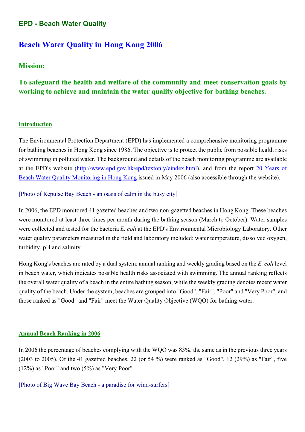 Beach Water Quality in Hong Kong 2006