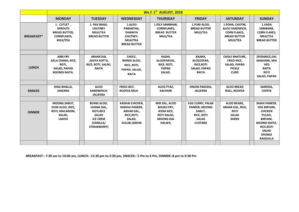 We.F. 1St AUGUST, 2018 MONDAY TUESDAY WEDNESDAY THURSDAY FRIDAY SATURDAY SUNDAY 1