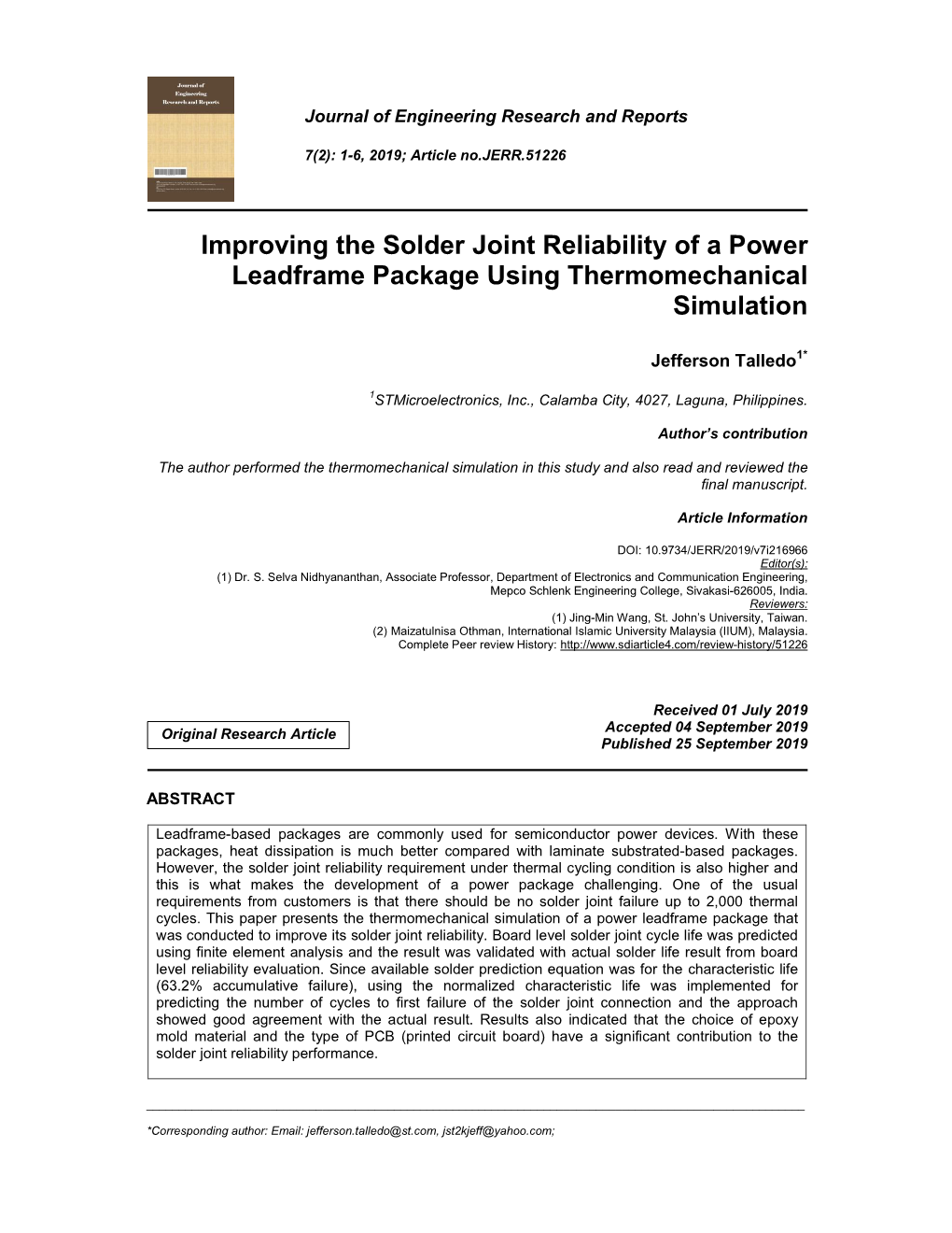 Improving the Solder Joint Reliability of a Power Leadframe Package Using Thermomechanical Simulation