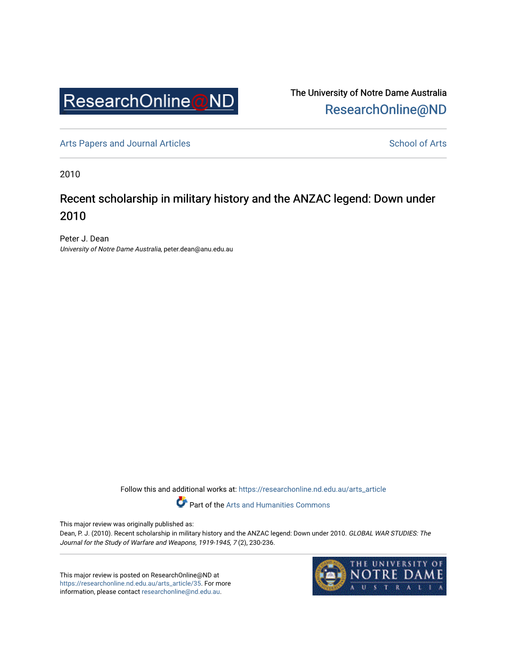 Recent Scholarship in Military History and the ANZAC Legend: Down Under 2010
