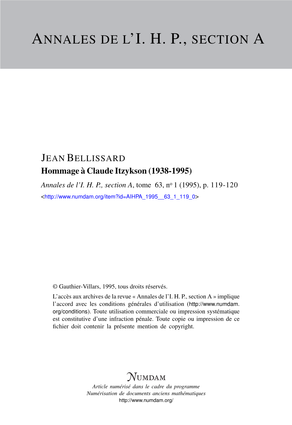Hommage À Claude Itzykson (1938-1995) Annales De L’I