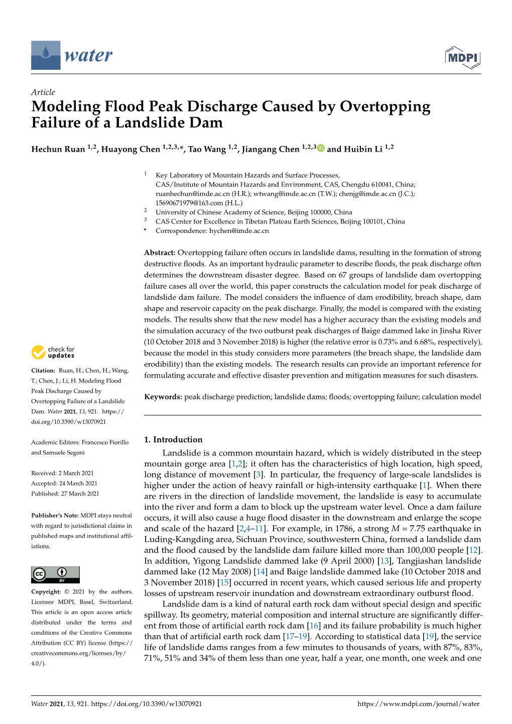 Modeling Flood Peak Discharge Caused by Overtopping Failure of a Landslide Dam