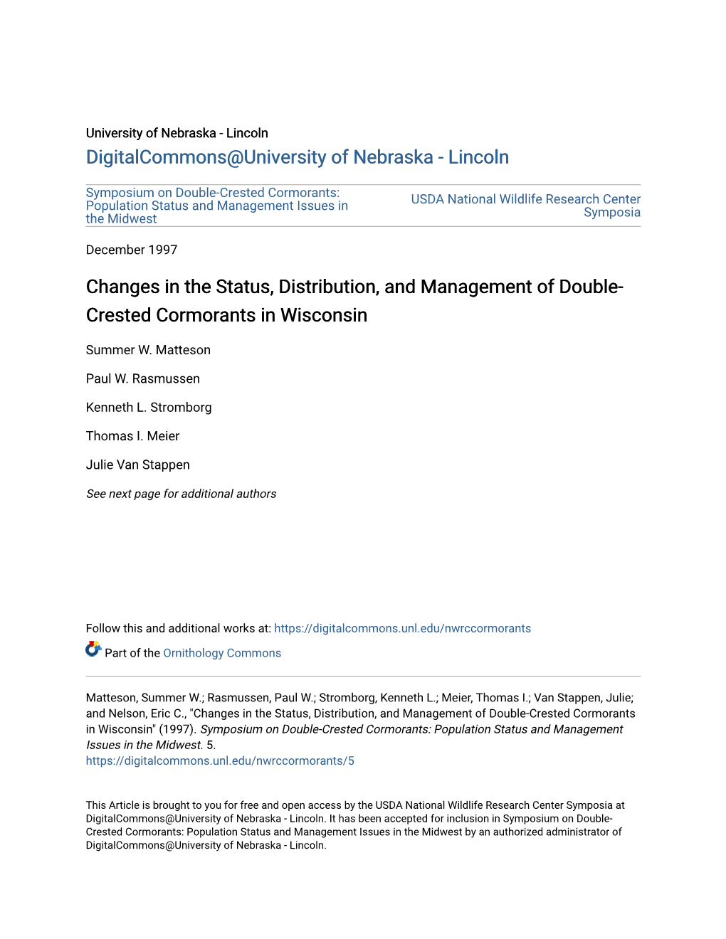 Changes in the Status, Distribution, and Management of Double-Crested Cormorants in Wisconsin" (1997)