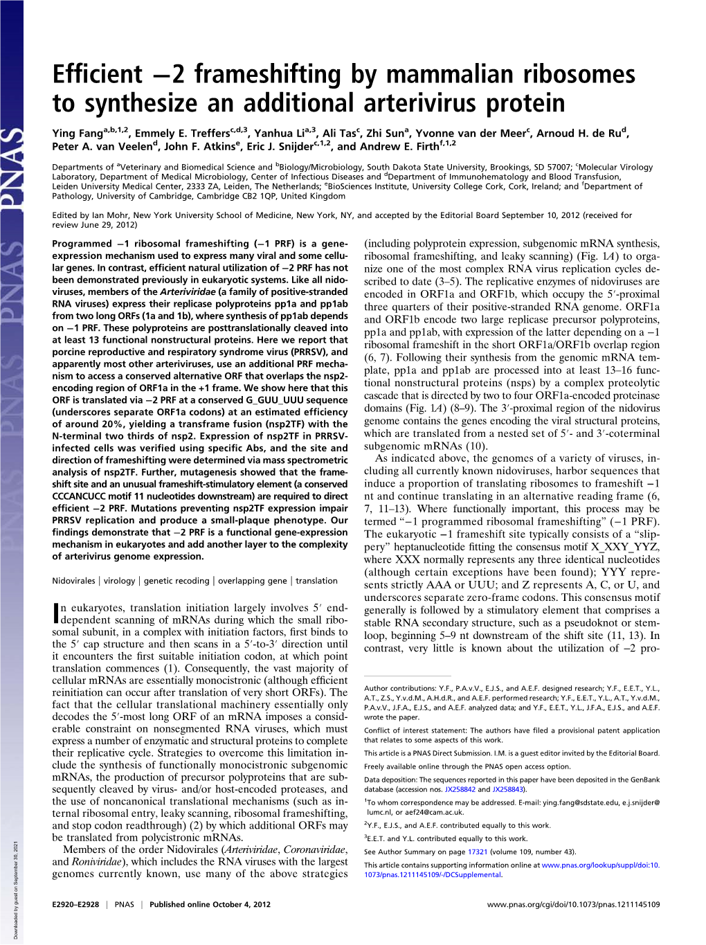 Efficient −2 Frameshifting by Mammalian Ribosomes To