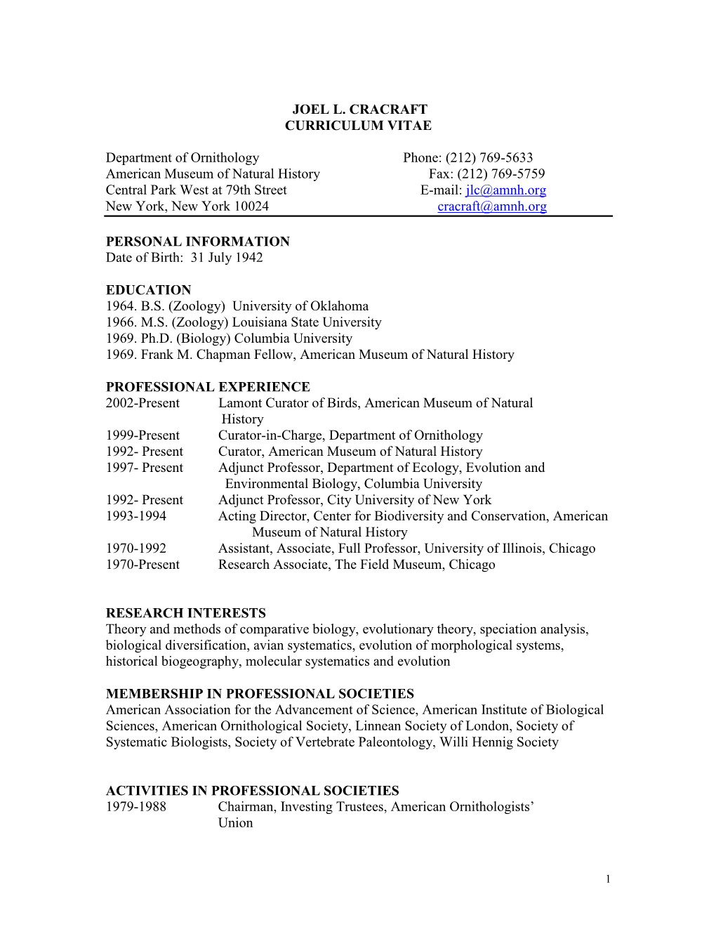 Joel L. Cracraft Curriculum Vitae