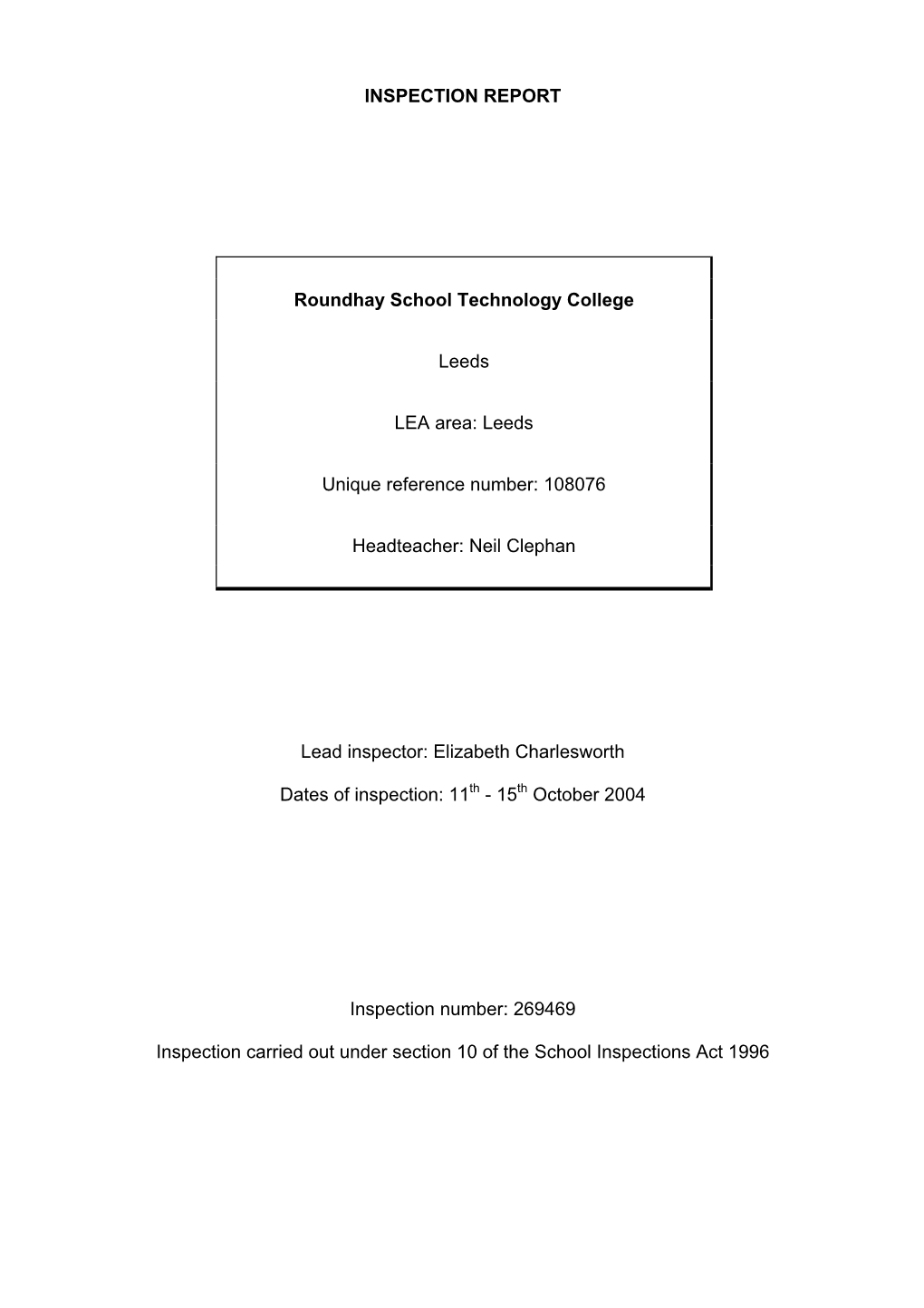 INSPECTION REPORT Roundhay School Technology College Leeds