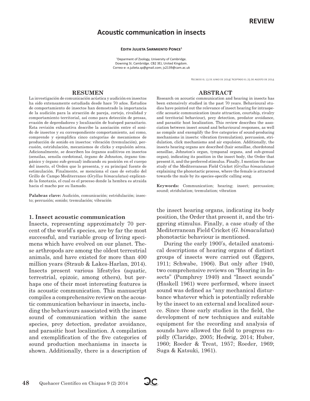 Acoustic Communication in Insects REVIEW