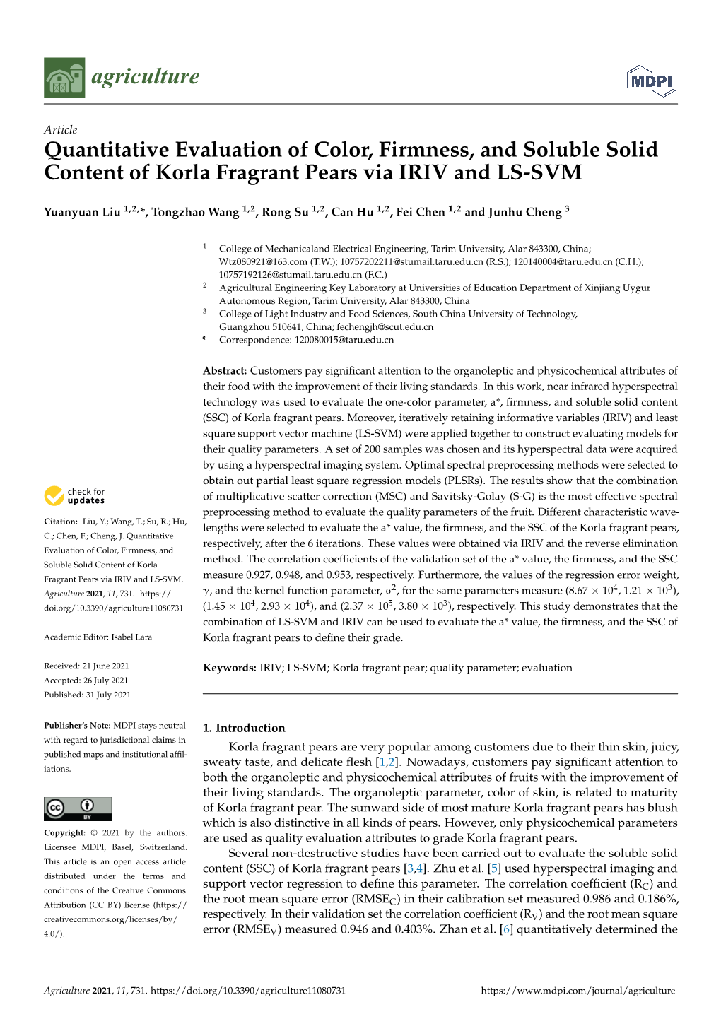 Quantitative Evaluation of Color, Firmness, and Soluble Solid Content of Korla Fragrant Pears Via IRIV and LS-SVM