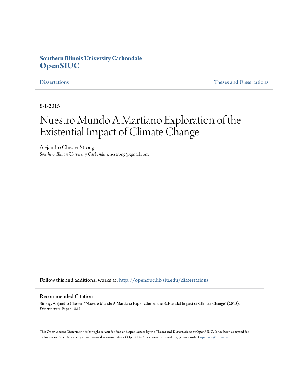 Nuestro Mundo a Martiano Exploration of the Existential Impact of Climate Change Alejandro Chester Strong Southern Illinois University Carbondale, Acstrong@Gmail.Com