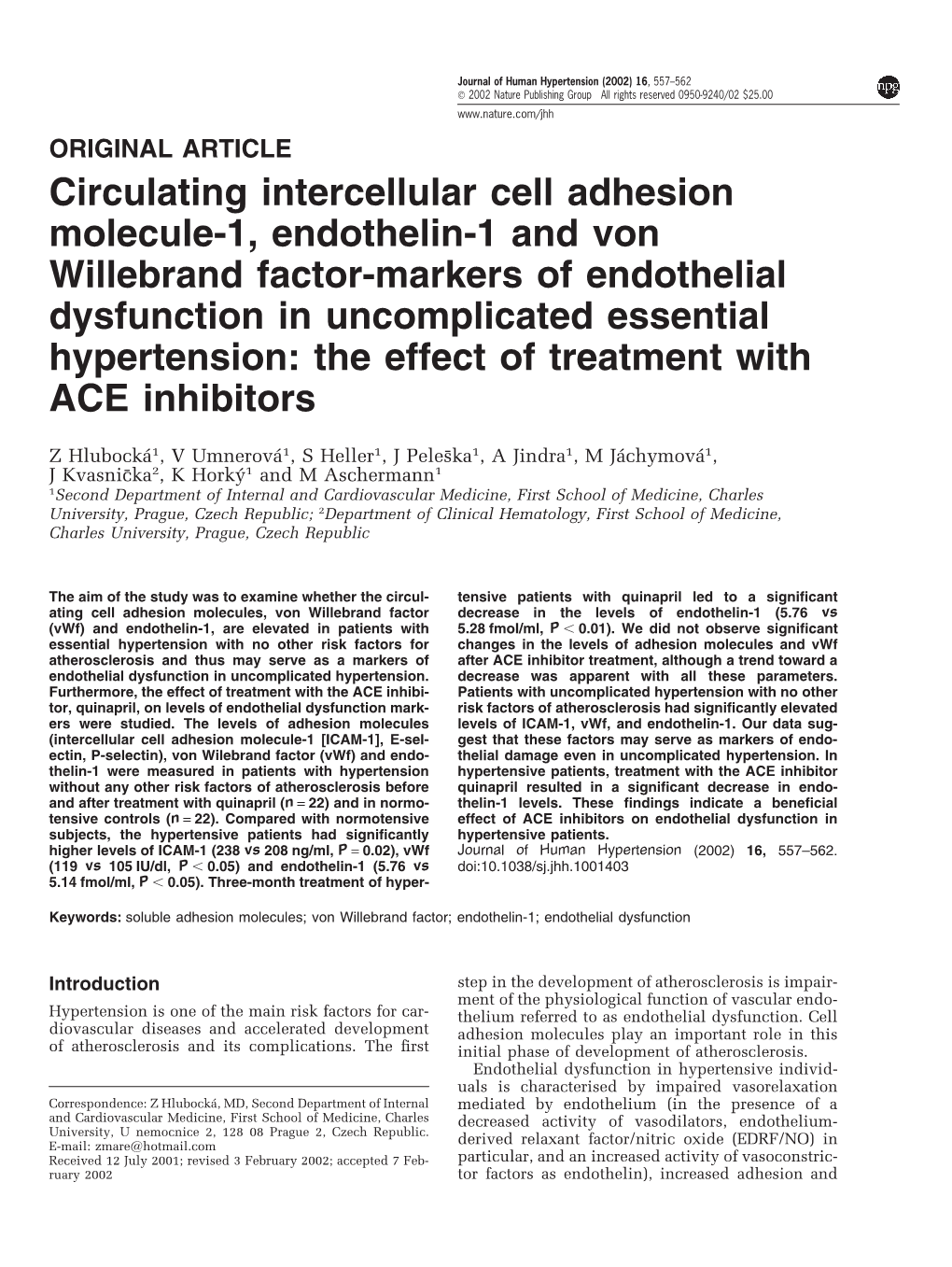 Circulating Intercellular Cell Adhesion Molecule-1, Endothelin-1 and Von