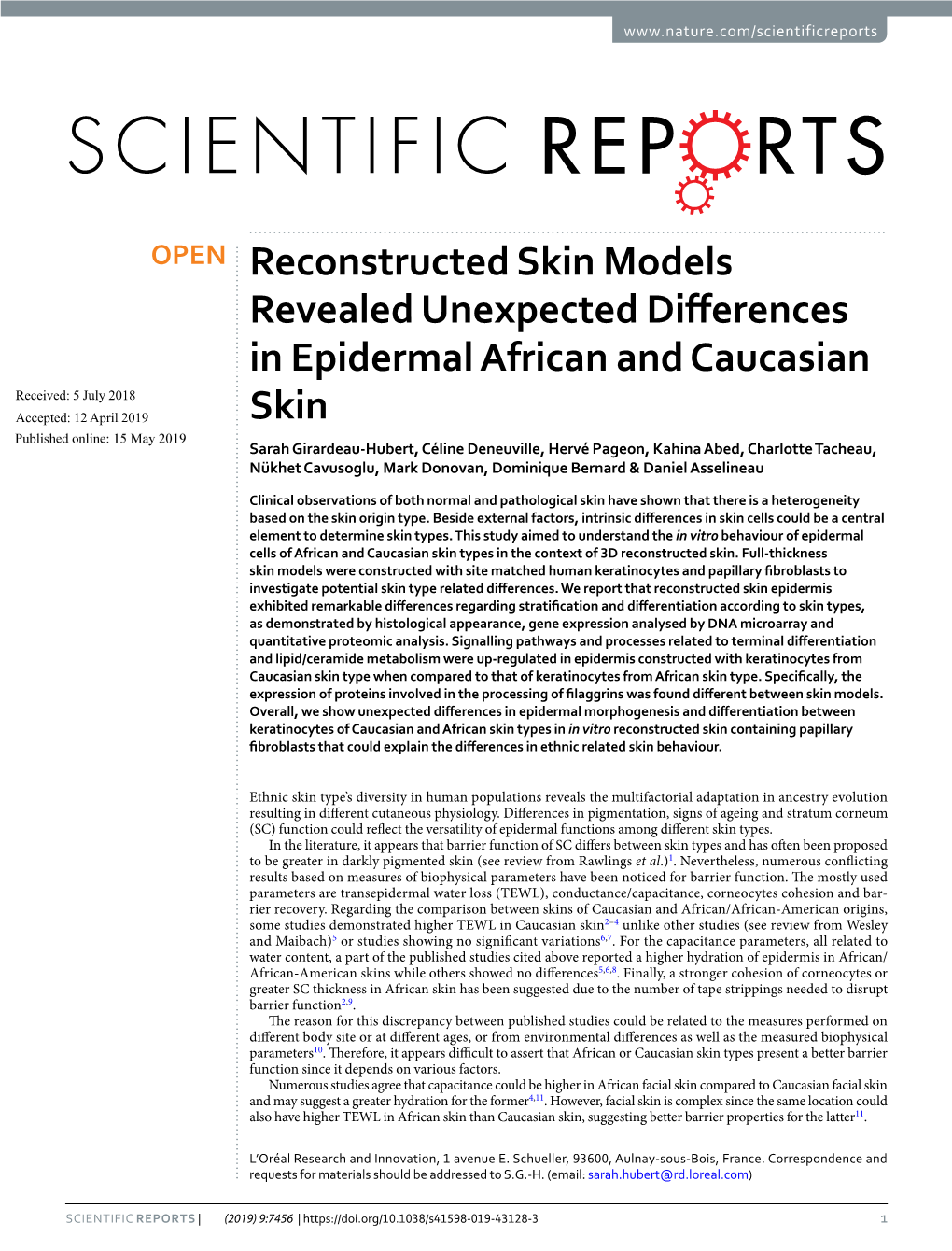 Reconstructed Skin Models Revealed Unexpected Differences In