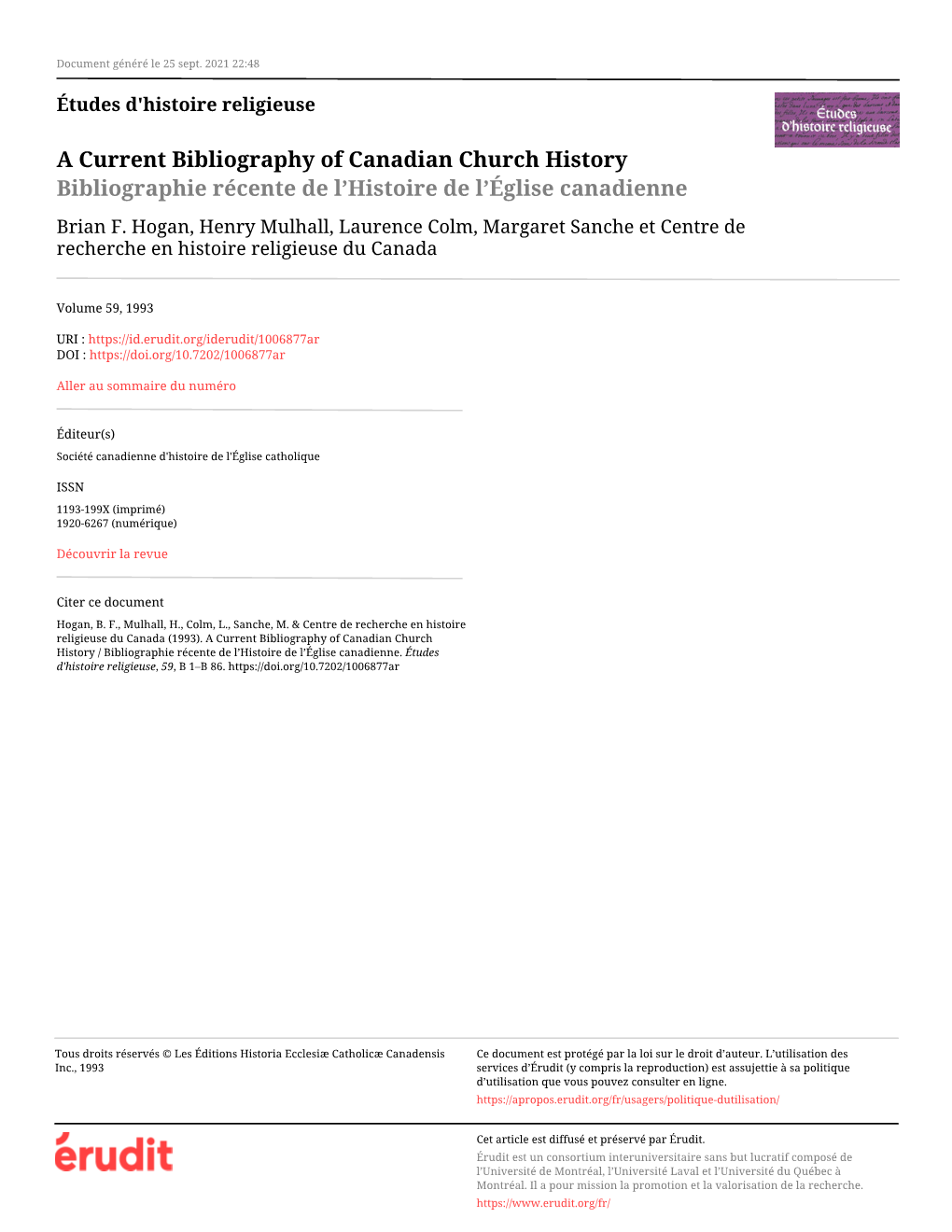 A Current Bibliography of Canadian Church History / Bibliographie Récente De L’Histoire De L’Église Canadienne