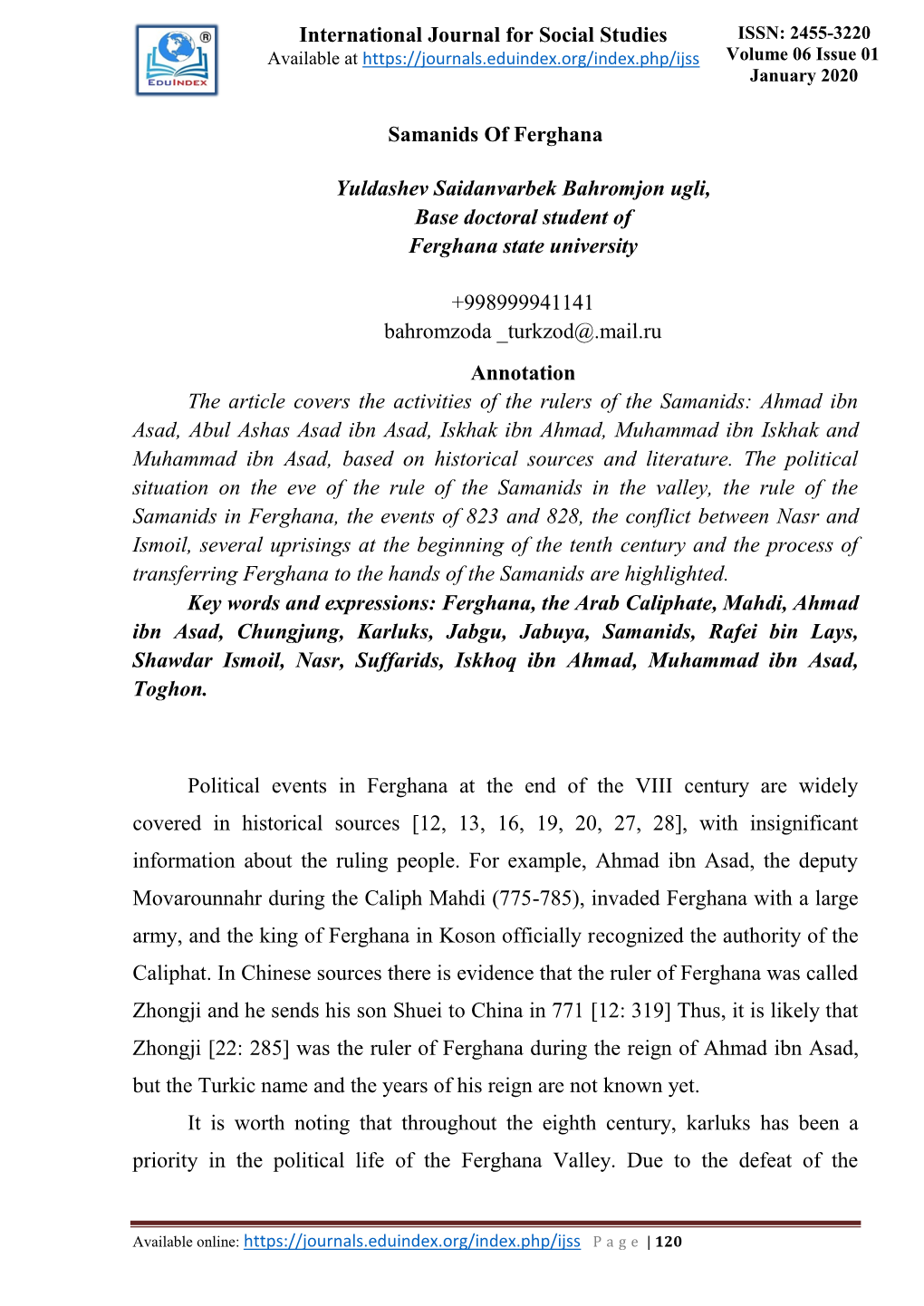 International Journal for Social Studies Samanids of Ferghana