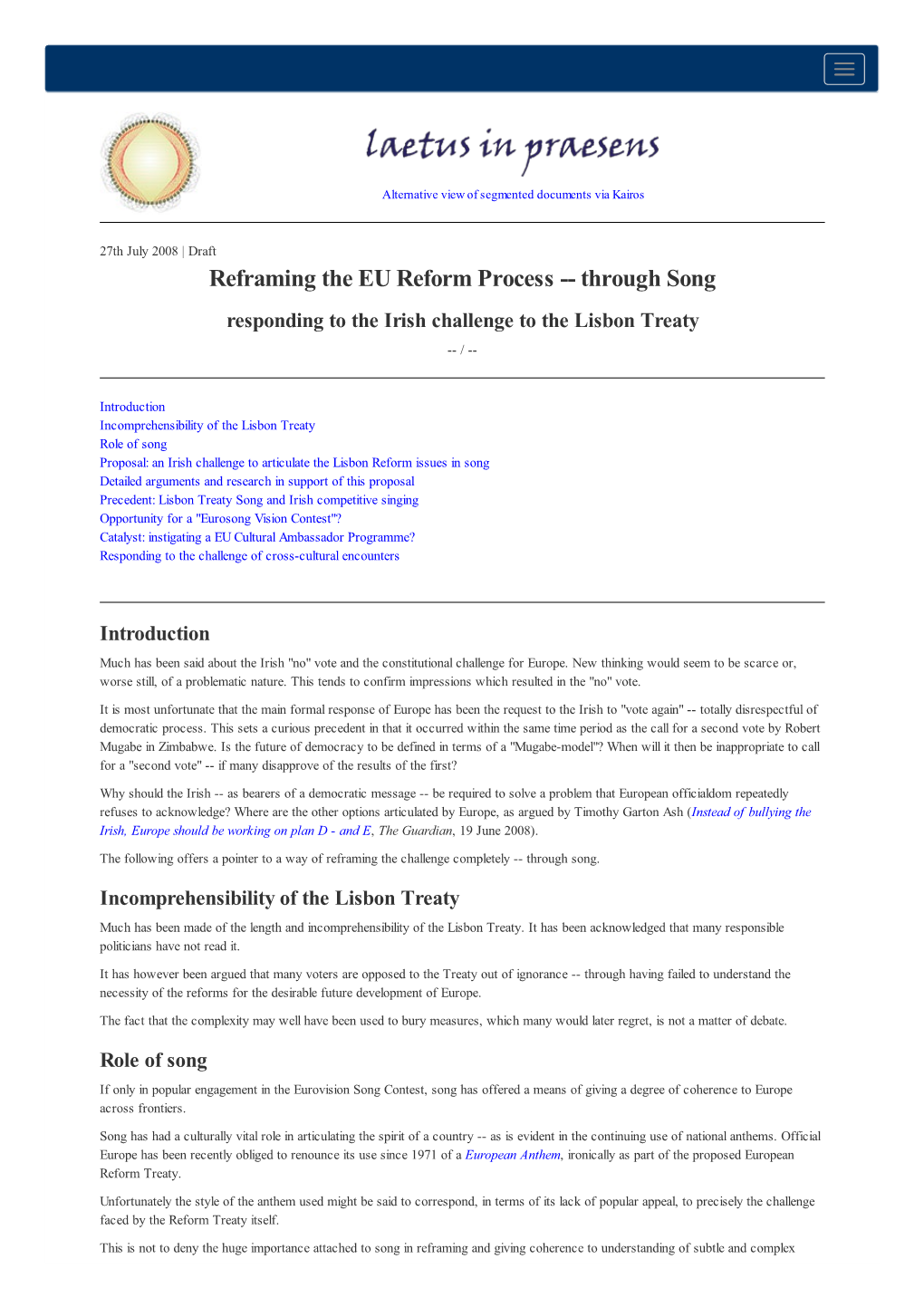 Reframing the EU Reform Process -- Through Song: Responding to The