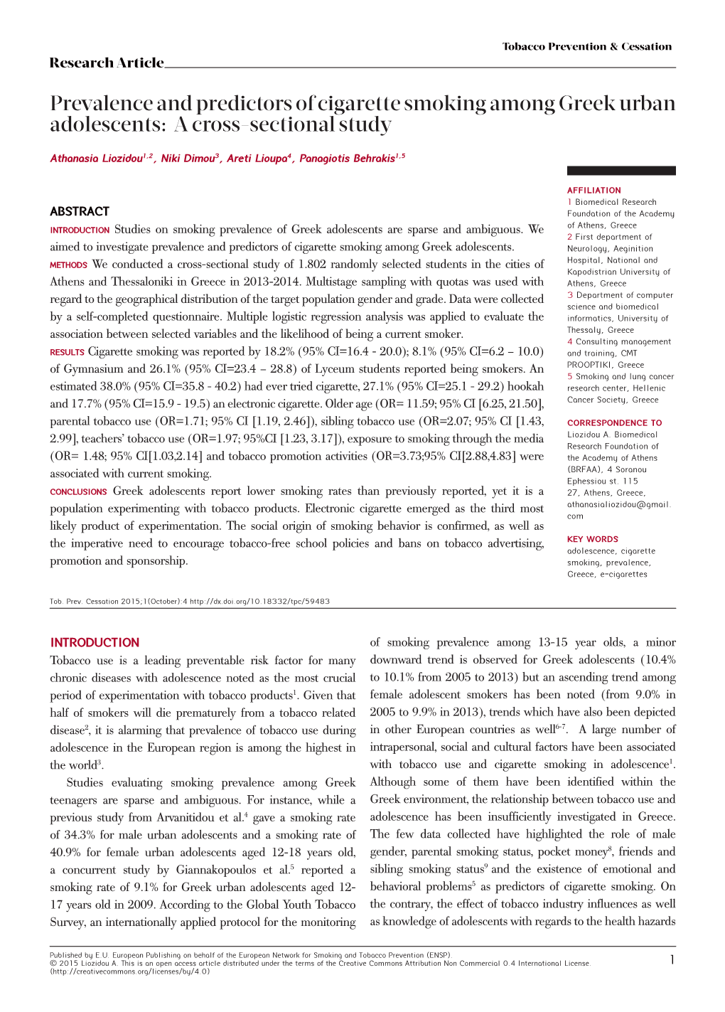 Prevalence and Predictors of Cigarette Smoking Among Greek Urban Adolescents: a Cross-Sectional Study