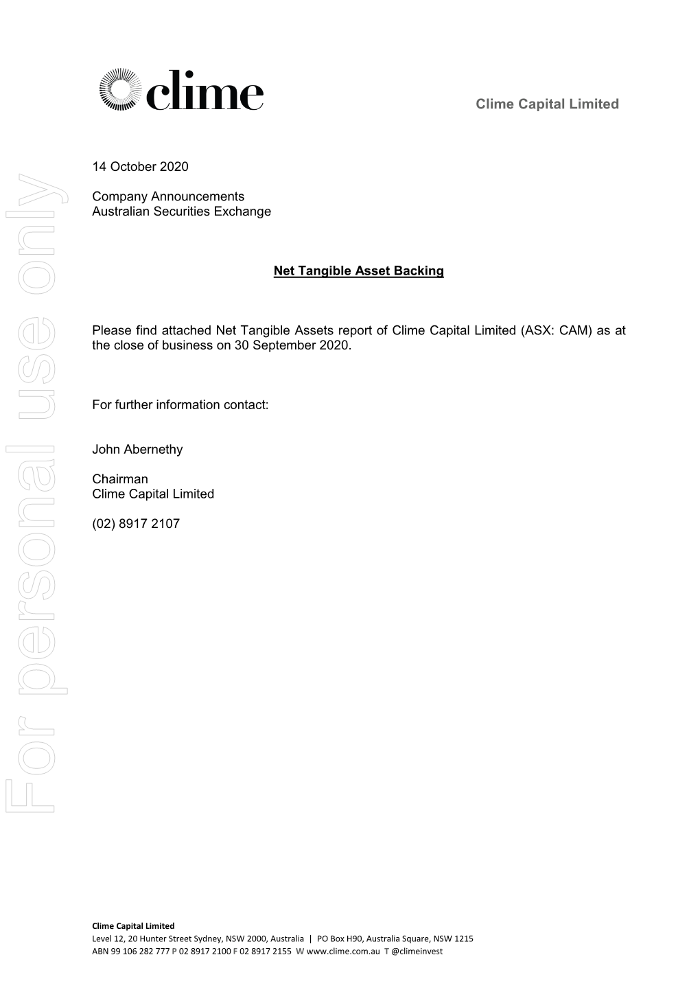 ASX: CAM) As at the Close of Business on 30 September 2020