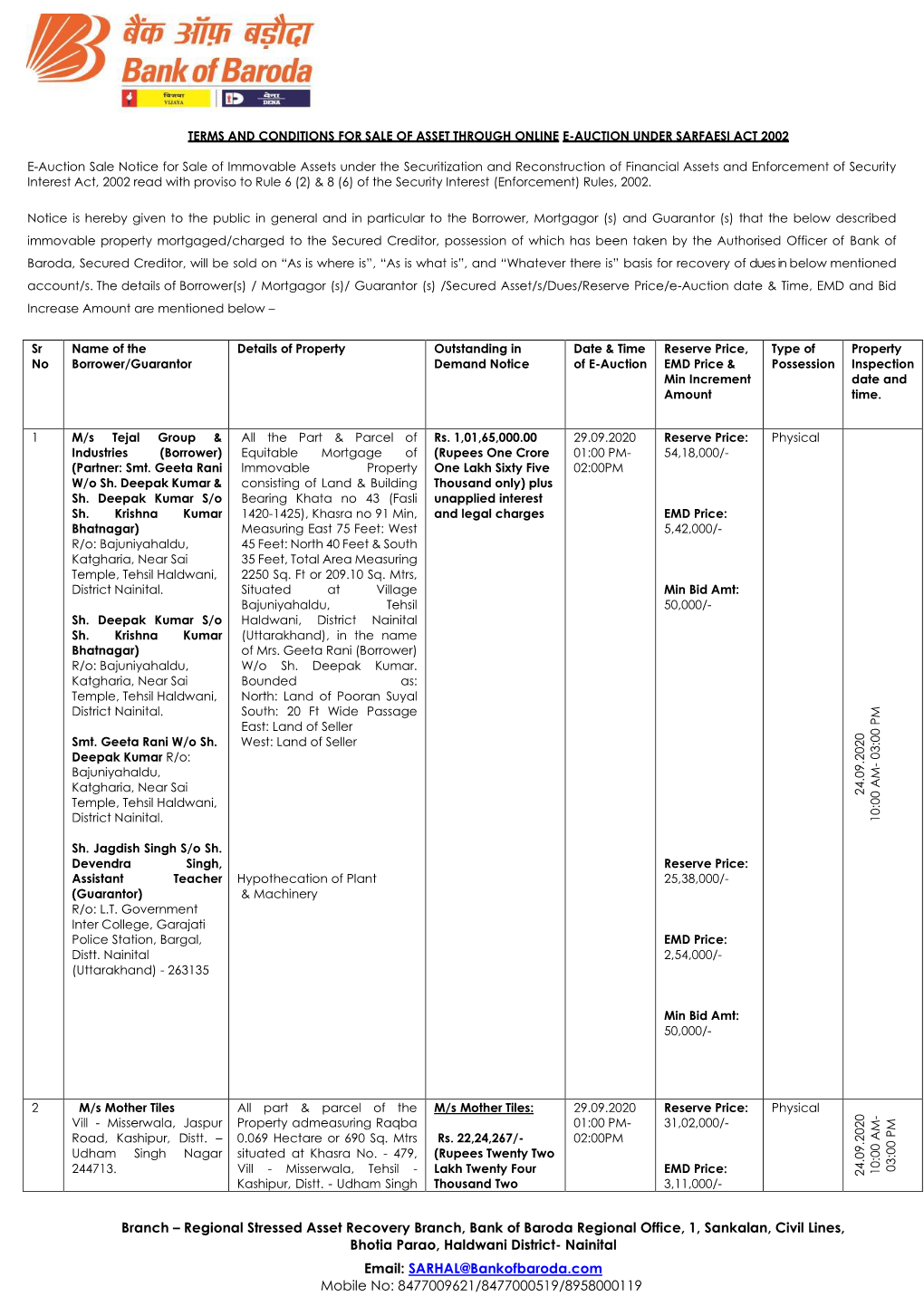 Branch – Regional Stressed Asset Recovery Branch, Bank of Baroda