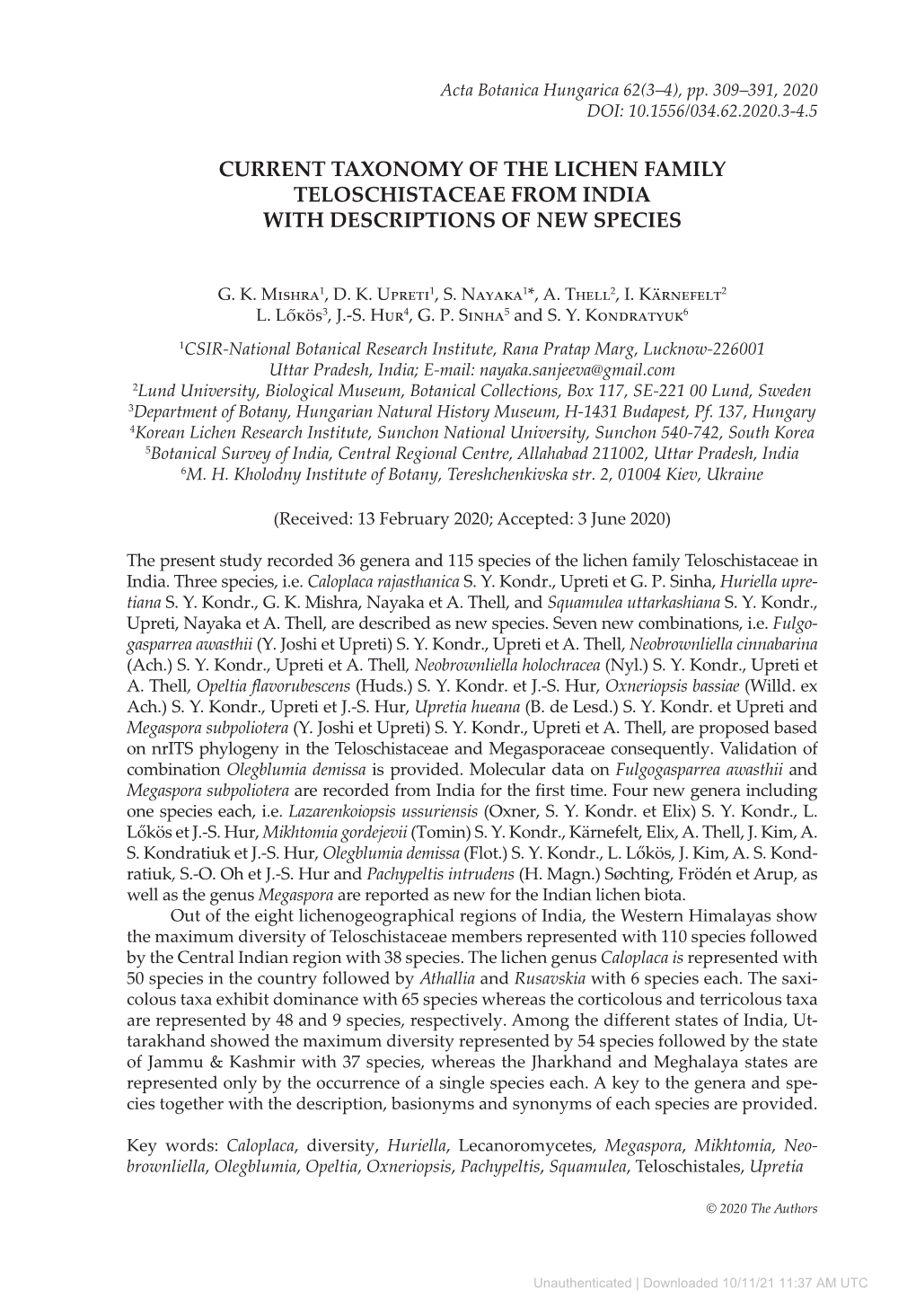 Current Taxonomy of the Lichen Family Teloschistaceae from India with Descriptions of New Species