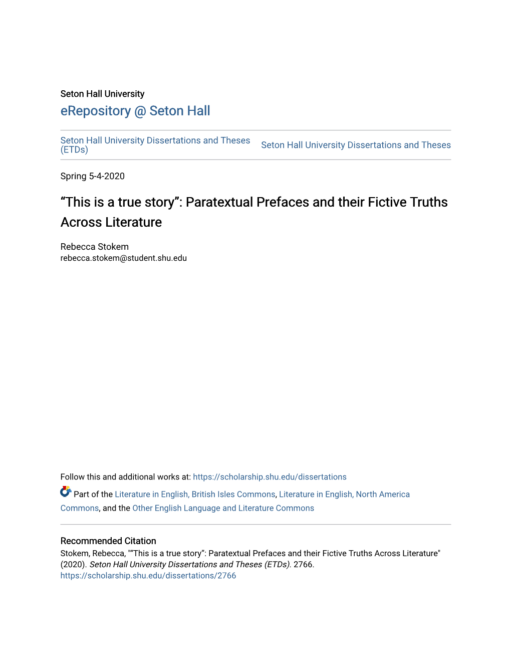 “This Is a True Story”: Paratextual Prefaces and Their Fictive Truths Across Literature