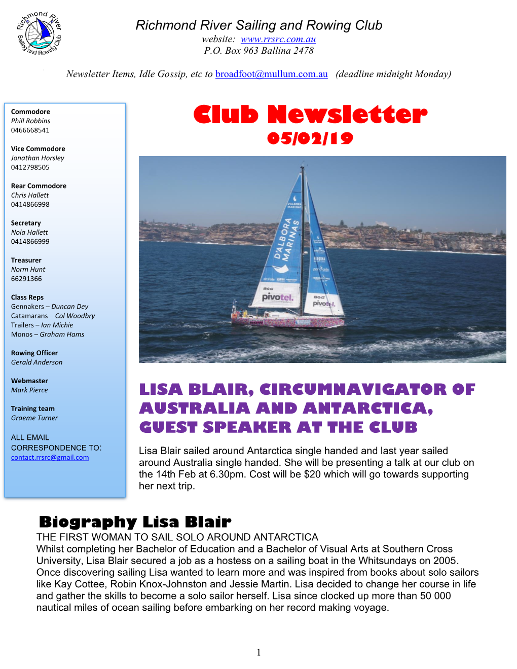 Richmond River Sailing and Rowing Club Website: P.O