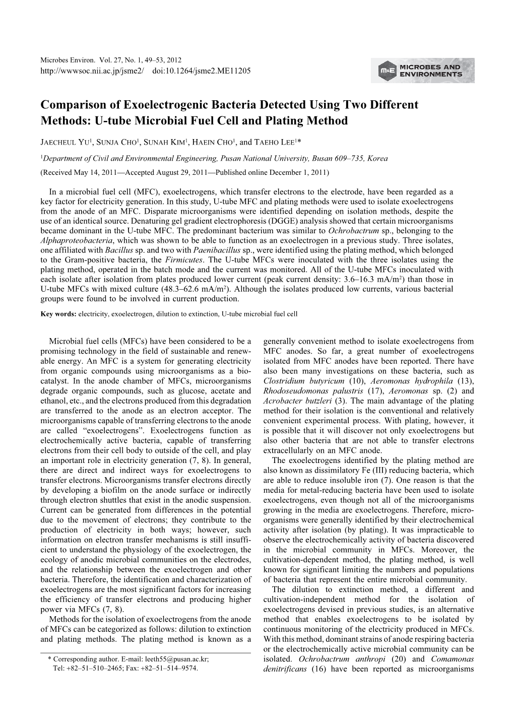 U-Tube Microbial Fuel Cell and Plating Method