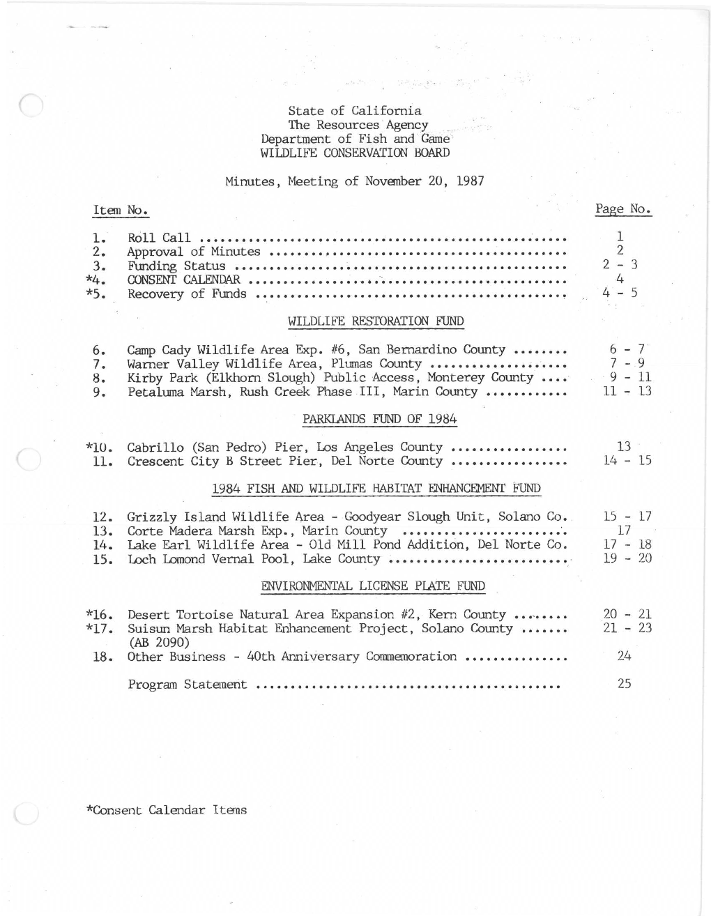 Department of Fish and Game WILDLIFE CONSERVATION BOARD Minutes, Meeting of November 20, 1987 Item No