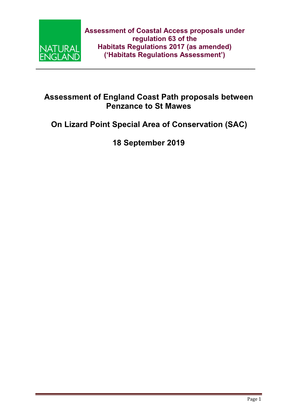 Assessment of England Coast Path Proposals Between Penzance to St Mawes on Lizard Point Special Area of Conservation (SAC) 18 Se