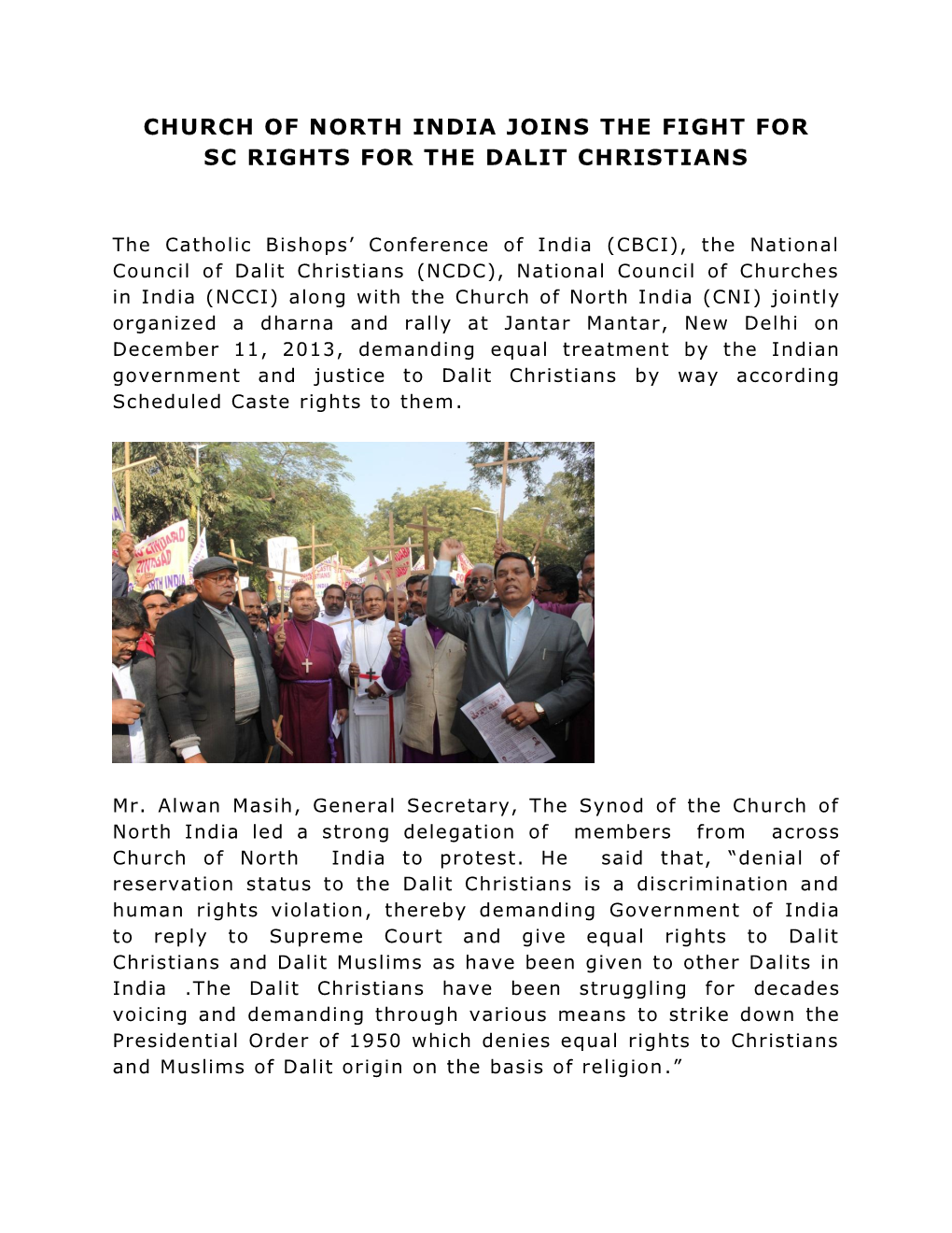 Church of North India Joins the Fight for Sc Rights for the Dalit Christians