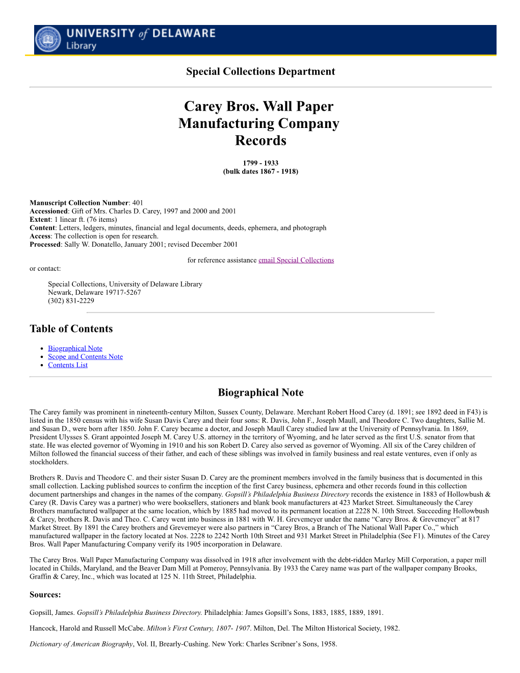 Carey Bros. Wall Paper Manufacturing Company Records