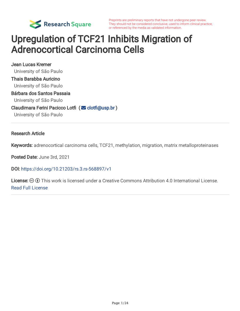Upregulation of TCF21 Inhibits Migration of Adrenocortical Carcinoma Cells